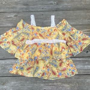 Beautees ruffled yellow paisley blouse crochet cold shoulder top